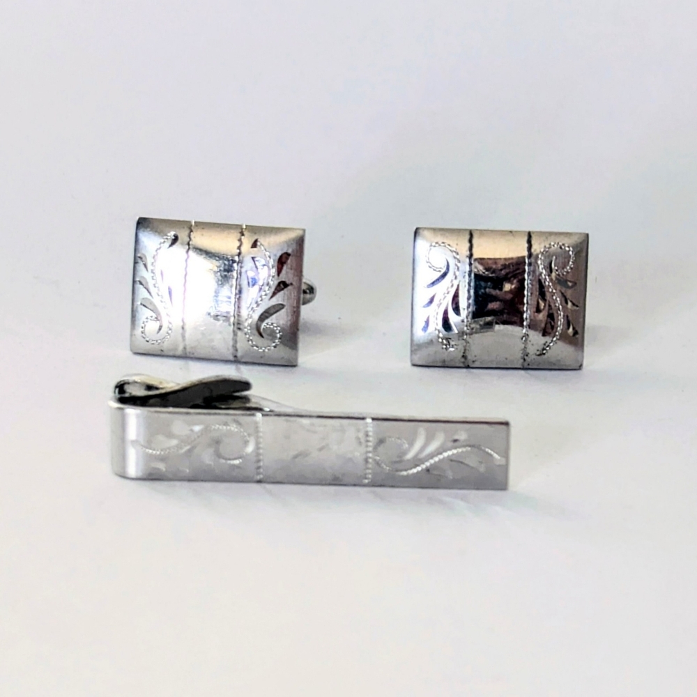 Elegant VINTAGE P&K STERLING SILVER Etched CUFFLINKS & TIE CLIP SET 17.89 Gr.